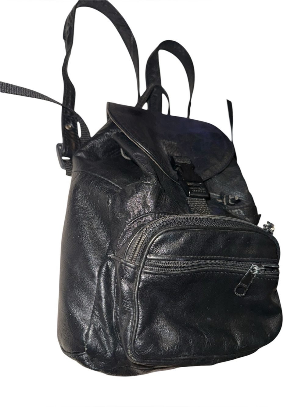 Vintage Dark Black Genuine Leather Bucket Drawstring Mini Backpack
